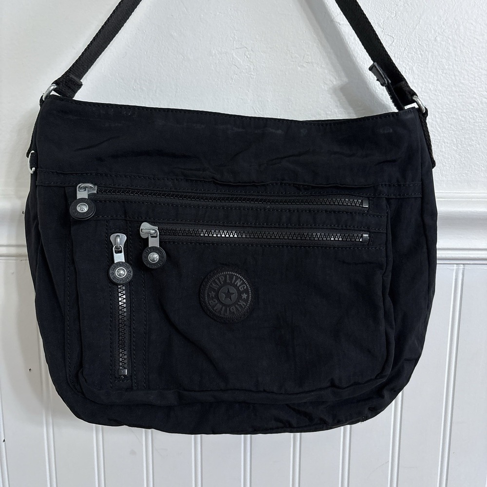 Kipling Black Nylon Multi Pocket Shoulder Crossbody Bag Travel Organizer Purse